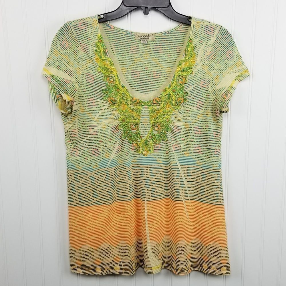 One World Striped Short Sleeve T Shirt Top Small